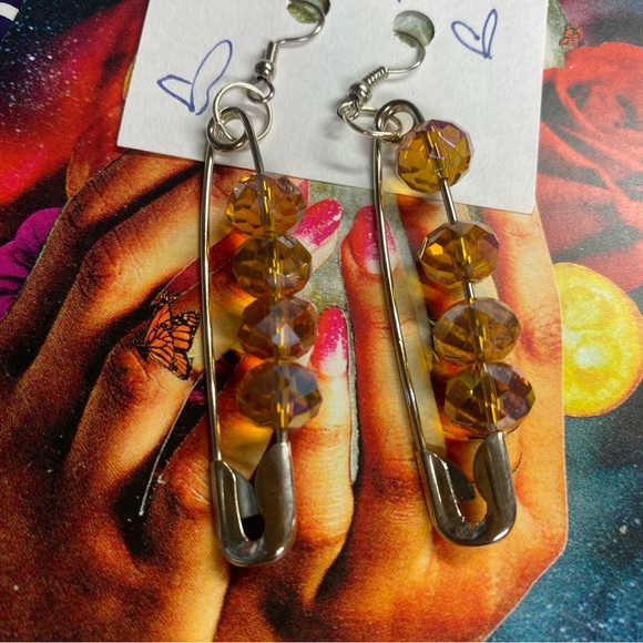 Earrings, Safety Pin Glam Punk Princess Dangling - Picture 1 of 4
